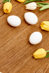 Fototapeta na wymiar white chicken eggs flowers decoration holiday easter