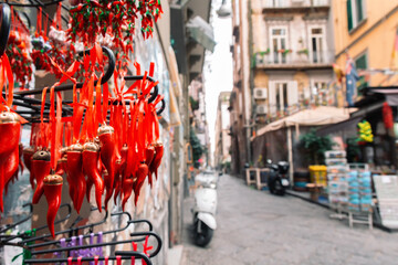 Traditional Neapolitan good luck charm or cornicello that sales on the streets of Naples. Selective focus