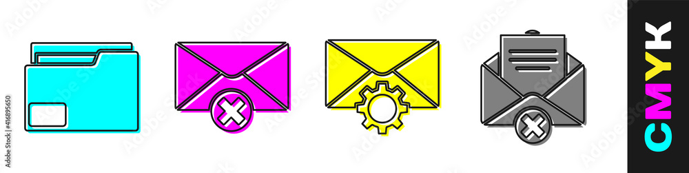 Poster set document folder, delete envelope, envelope setting and delete envelope icon. vector.