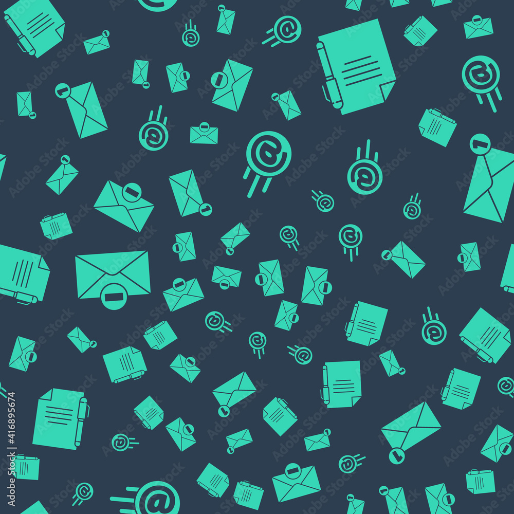 Poster set mail and e-mail, document and pen, delete envelope and envelope on seamless pattern. vector.
