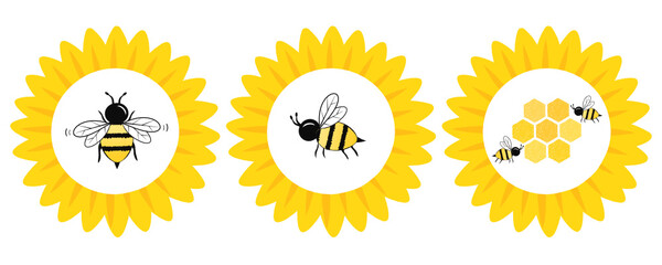 Sunflower with bee cartoon icon isolated on white background vector illustration.