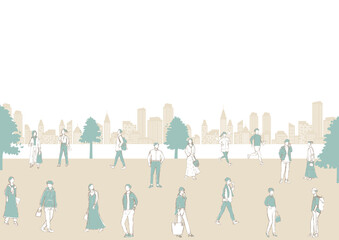 鉛筆描き　若者世代男女　都市風景