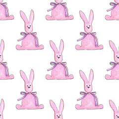 Pink bunny drawn with pencils on a white background. Seamless pattern.