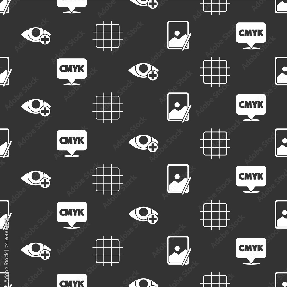 Poster set graphic tablet, speech bubble with text cmyk, red eye effect and grid graph paper on seamless pa