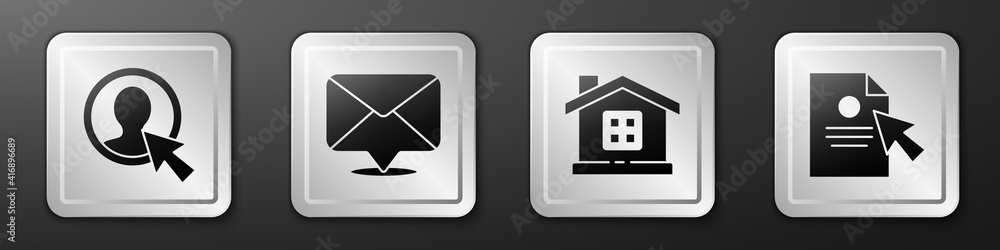 Aufkleber set create account screen, envelope, house and document and cursor icon. silver square button. vecto