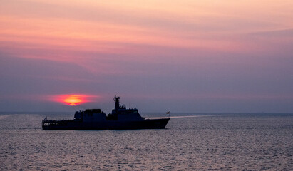 Sri Lanka Navy Ship Sayurala (P-623) at anchor off the coast of Colombo in the Indian Ocean © Rex Wholster