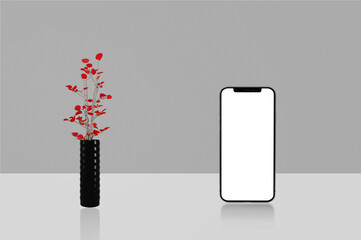 blank mobile screen mockup with beautiful flowers in a pot