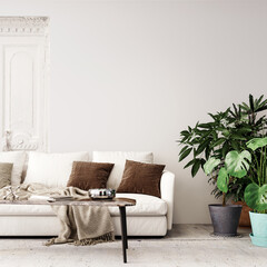 Naklejka premium Modern interior design with empty white mock up wall background and decorative house plants 3D Rendering, 3D Illustration