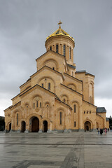 Sameba Cathedral in Tbilisi Georgia under rain