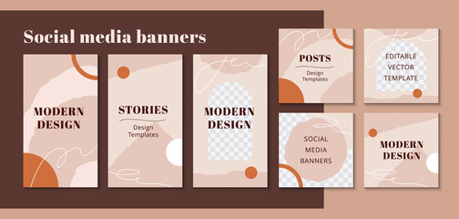 Fashion design backgrounds for mobile apps in minimalistic style. Stylish social media posts, story and photos. Editable templates with space for text. Contemporary vector Illustrationn