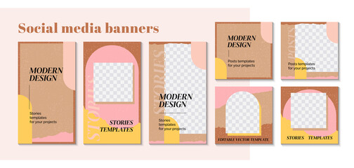 Fashion design backgrounds for mobile apps in minimalistic style. Stylish social media posts, story and photos. Editable templates with space for text. Contemporary vector Illustrationn