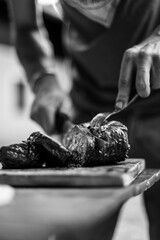 barbeque meat preparation in a summer day