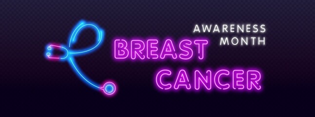 Breast Cancer Awareness Month Emblem, Shiny Neon Lamp Glow Stylization on Pink Brick Wall. Template for Banner, Poster, Invitation, Flyer with Inscription. Vector 3d Illustration