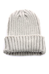 Light gray knitted wool hat on white background