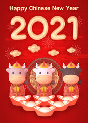 Happy Chinese New Year 2021 Year of Ox 3D Illustration and Rendering Three Cute Ox Greeting in Red Dress with Floral Pattern and Japanese Circle with Flower, Clouds and Firework Behind and Gold Ingot