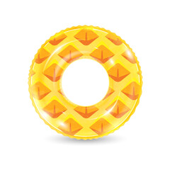 Inflatable ring looking like pineapple isolated on white background. Realistic colorful rubber swimming buoy. Vector illustration of top view at pool floater in fruit shape, beach toy