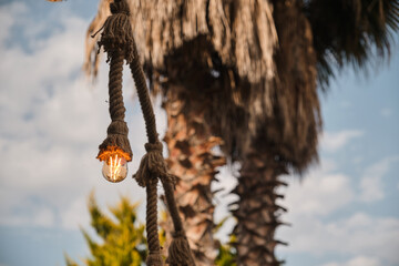 Decorative garden lighting design made with bulbs and thick rope	