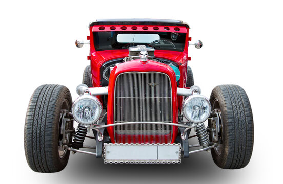 Classical American Horsepower Red Hot Rod. White background.