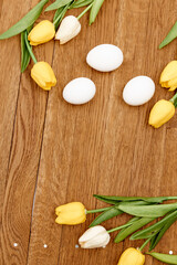 chicken eggs bouquet flowers wooden background holiday easter