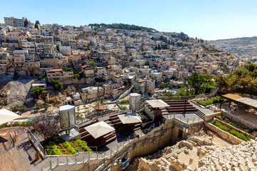 Panoramic view of hillside households of Kidron Valley aside ancient City of David quarter of...