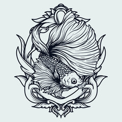 tattoo and t-shirt design black and white hand drawn betta fish engraving ornament