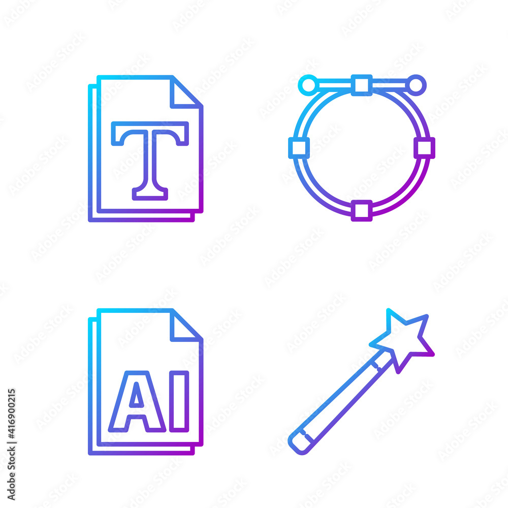 Poster set line magic wand, ai file document, text file document and circle with bezier curve. gradient col