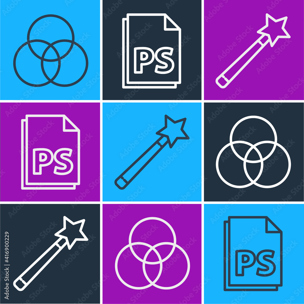 Poster set line rgb and cmyk color mixing, magic wand and ps file document icon. vector.