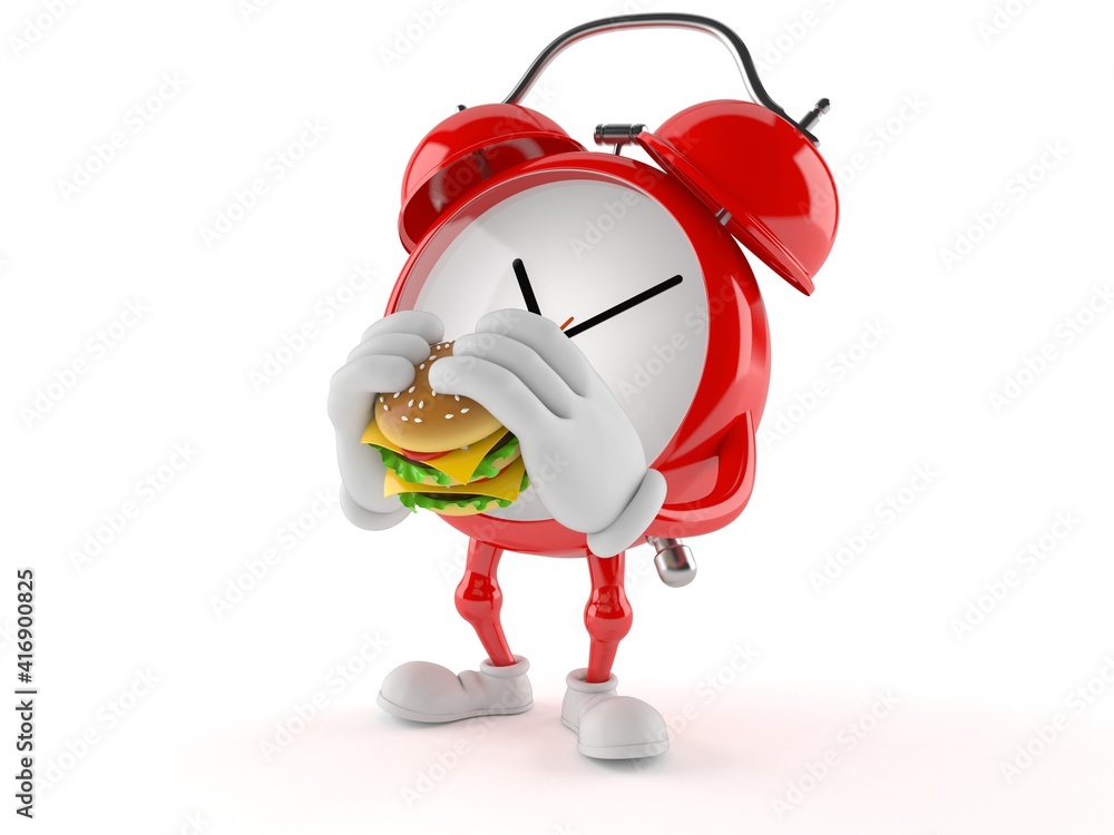 Poster Alarm clock character eating hamburger