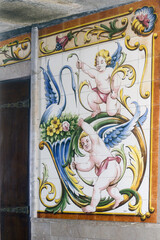 Azulejos panels representing religious scenes inside the Nossa Senhora do Amparo Church located in Valega, district of Aveiro, Portugal.