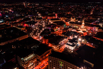 Night streets of Ivano-Frankivsk, Ivano-Frankivsk in night lights top view, modern and beautiful city.