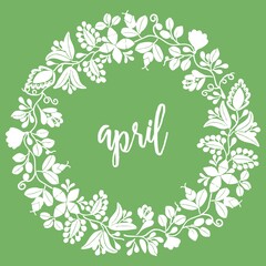 Hand drawn april vector sign with wreath on green background