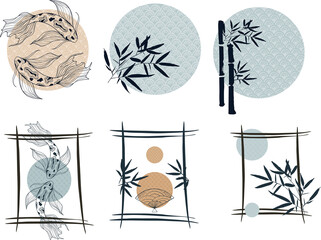 Set of pre-made Japanese design in blue, beige, cerulean color. Asian collage set with koi-fish, seigaiha, fan, bamboo leaf, line. Modern Japanese template for poster, invitation in oriental style