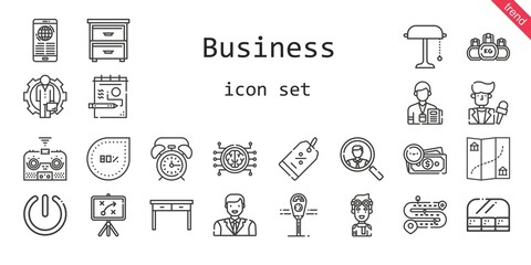 business icon set. line icon style. business related icons such as news, alarm clock, job search, pilot, kettlebell, remote control, news reporter, discount, drawer, parking meter