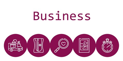 business background concept with business icons. Icons related sharpener, ice cream truck, magnifying glass, picture, stopwatch