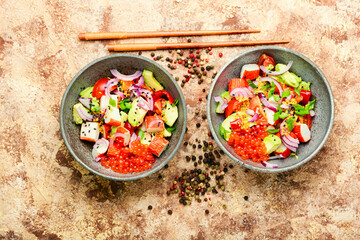 Asian salad of fish caviar,crab meat and avocado