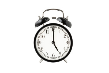 Black vintage alarm clock isolated on a white background shows the time five hours.