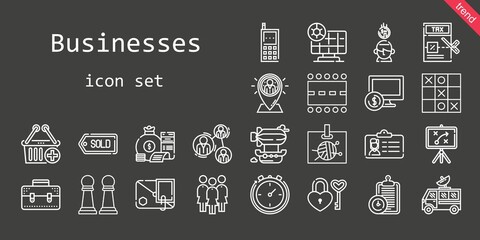 businesses icon set. line icon style. businesses related icons such as airship, briefcase, runway, e commerce, tax, satellite dish, analysis, padlock, money bag, clipboard