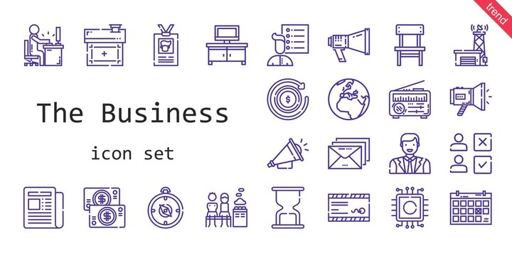 the business icon set. line icon style. the business related icons such as calendar, newspaper, news, antenna, megaphone, tv table, mail, chair, cpu, house, id card, user list - Powered by Adobe