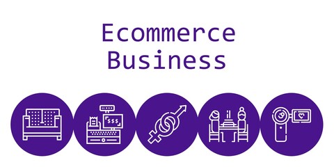 ecommerce business background concept with ecommerce business icons. Icons related pierrade, sofa, gender, cashier, camcorder