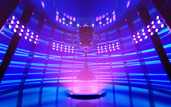 Trophy in collection room decorate in futuristic style for e-sport winner event.3D rendering.