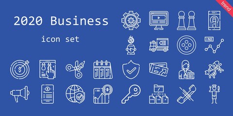 2020 business icon set. line icon style. 2020 business related icons such as calendar, megaphone, settings, smartphone, ticket, contract, chef, delivery truck, target, line chart