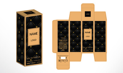 Perfume Packaging design, luxury box design template, Box die line, 3d Box Mockup, and Design elements. Illustration Vector design Template.

