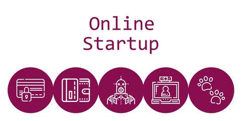 online startup background concept with online startup icons. Icons related robot, video call, pawprints, wallet, credit card