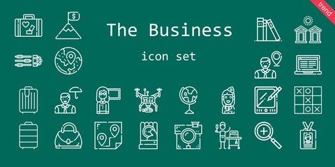 the business icon set. line icon style. the business related icons such as settings, zoom in, goal, earth globe, hand bag, laptop, employee, house, drone, trolley, tablet