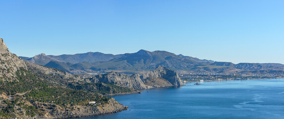 Fototapeta na wymiar Panoramic view towards Sudak from Koba-Kaya Mountain Crimea, Russia.