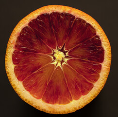 Close up sliced orange on dark background.