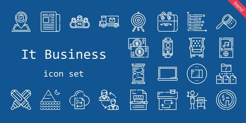 it business icon set. line icon style. it business related icons such as calendar, newspaper, blackboard, file transfer, package, shop, kettlebell, contract, bag, house