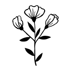 Blooming branch of a field and garden plant. Flowers, leaves and buds are drawn by hands on a white background. Isolated vector ink outline illustration. Simple silhouette for print, logo, icons.