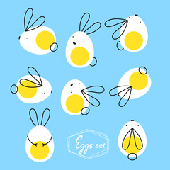 Happy Easter set with eggs or rabbits. Cute bunny vector illustration. EPS 10