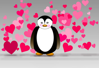 Illustration of a penguin with a heart background